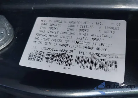 2006 Honda Accord 2.4 Lx z USA, uszkodzony, nr VIN 1HGCM56446A028056